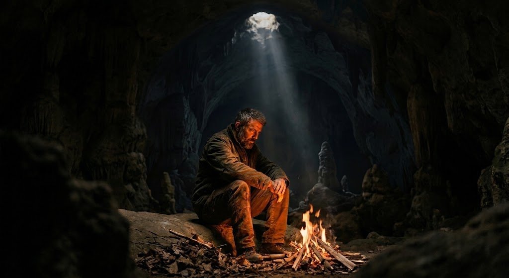 A man sitting beside a fire inside a cave, with daylight entering from above